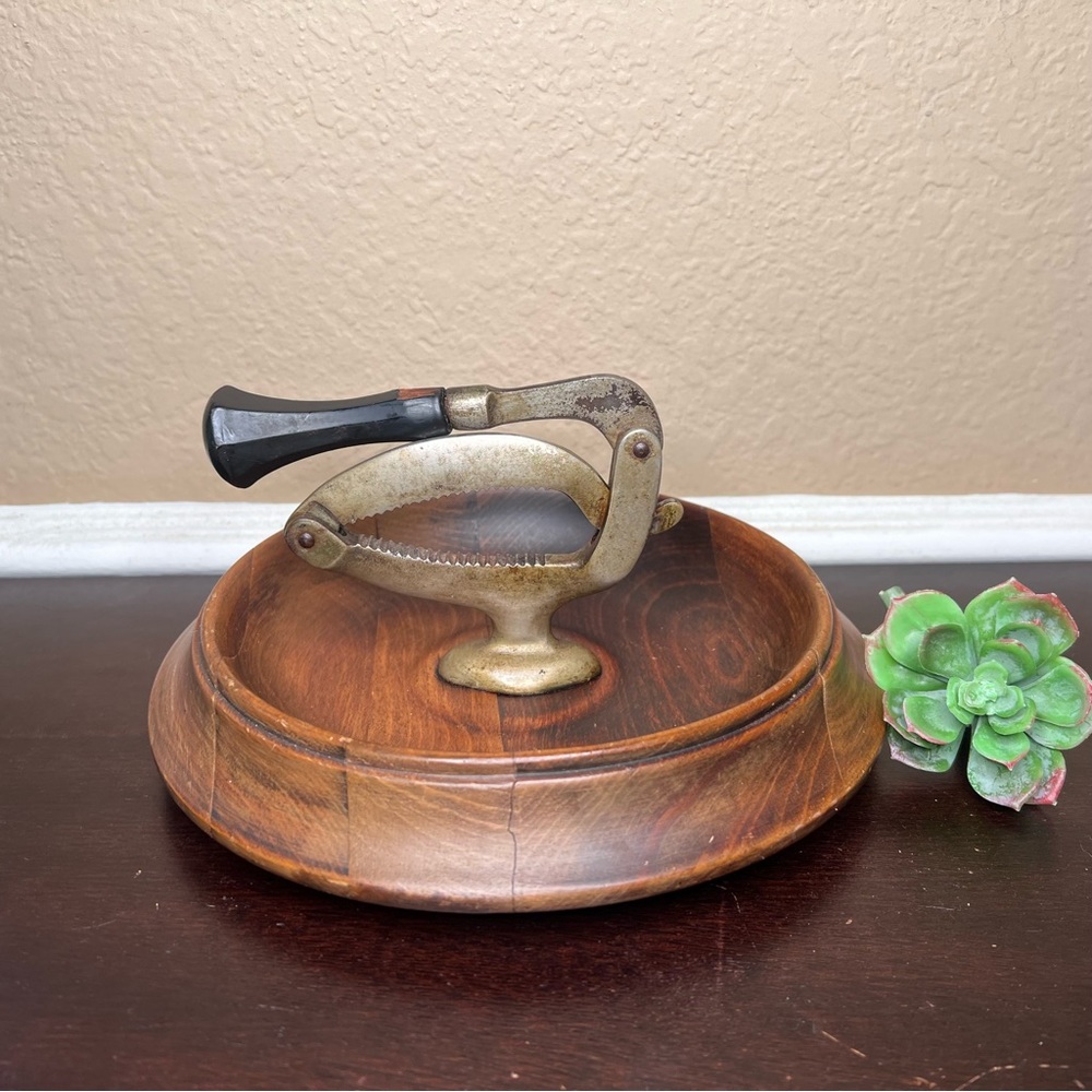 Vintage 1970s Nutcracker with Wooden Bowl and Metal Mechanism